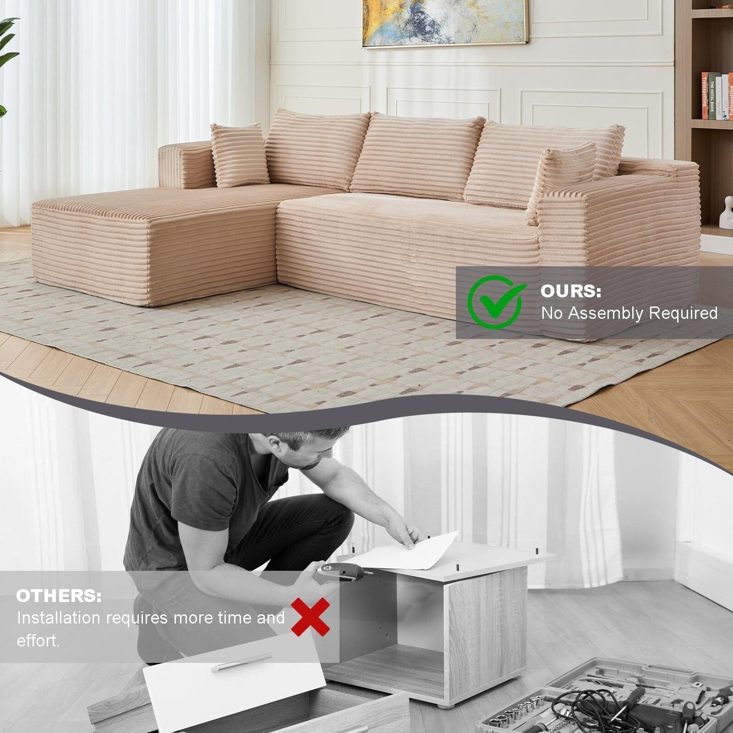 Canapé sectionnel à compression avec méridienne en forme de L, siège profond, convertible modulaire pour salon, chambre à coucher, velours côtelé