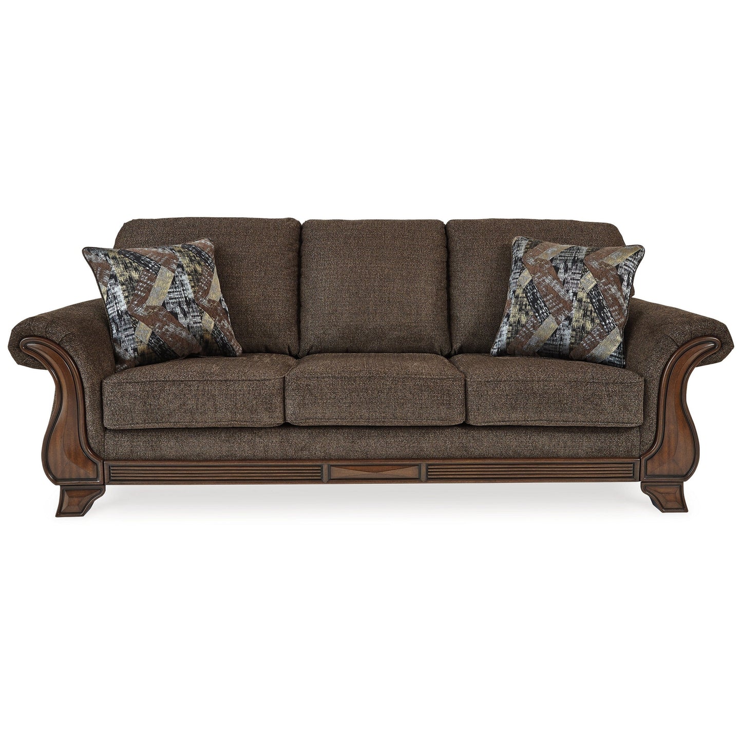 Canapé Conner, polyester marron, touches de bois apparentes, 2 coussins, 93 pouces
