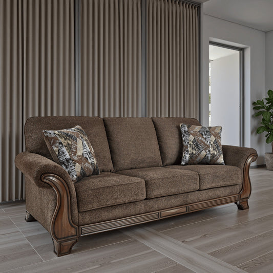 Canapé Conner, polyester marron, touches de bois apparentes, 2 coussins, 93 pouces