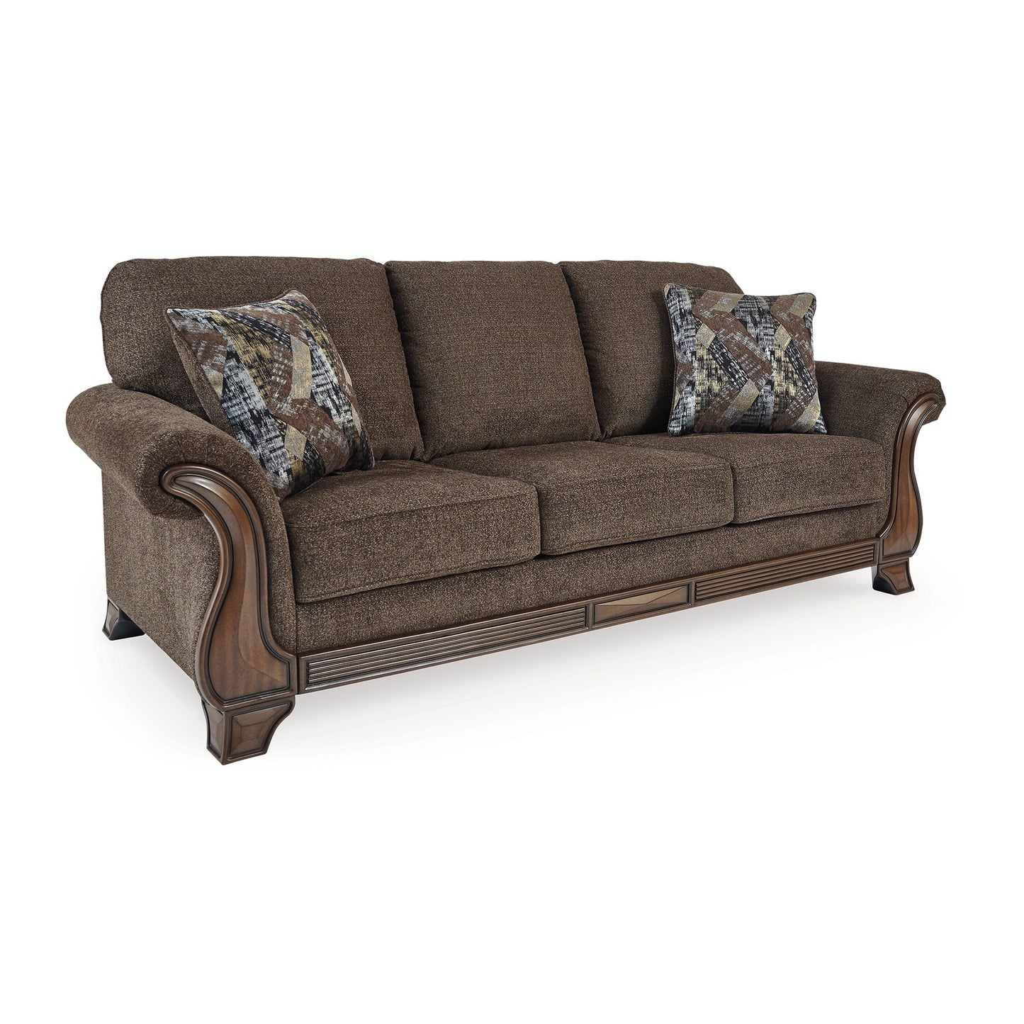Canapé Conner, polyester marron, touches de bois apparentes, 2 coussins, 93 pouces
