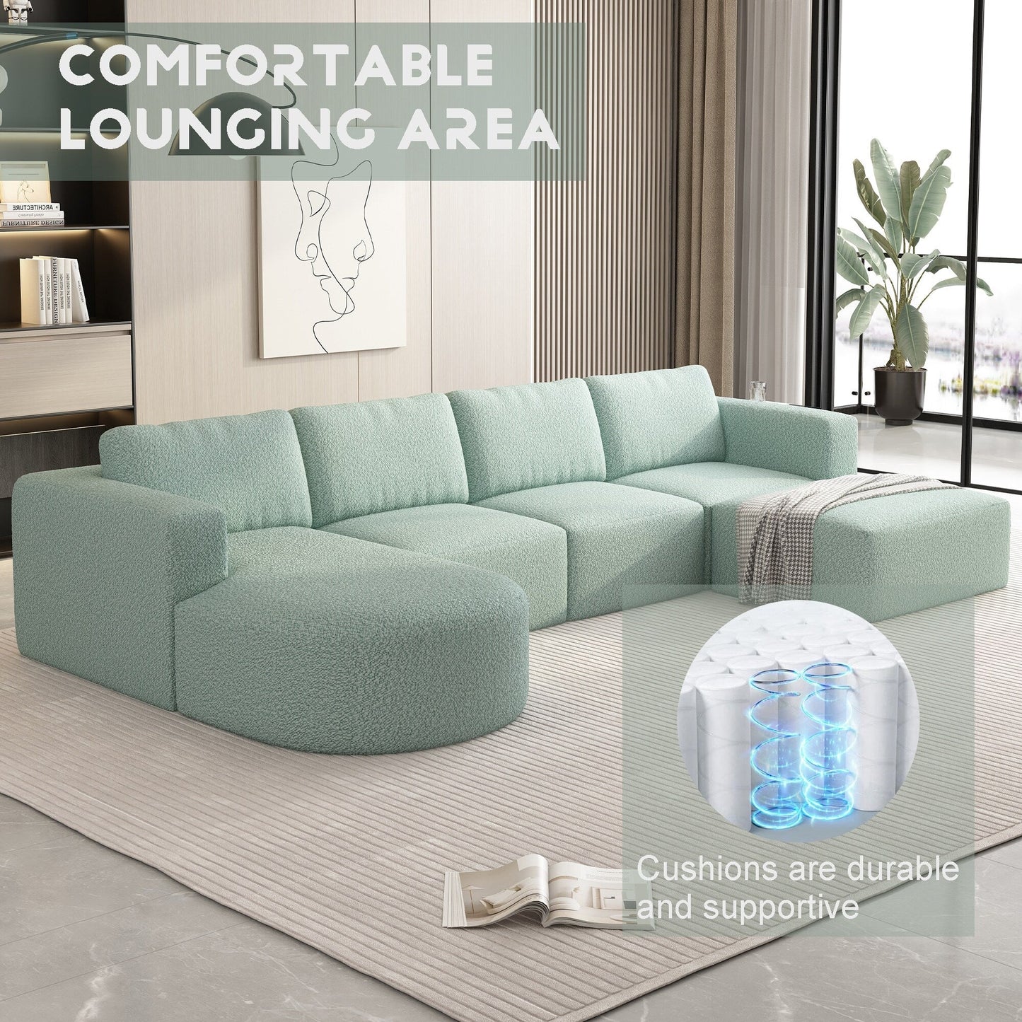 Canapé convertible modulable en U 104,32 x 70,86 cm avec méridienne, pouf et éponge compressée pour le salon