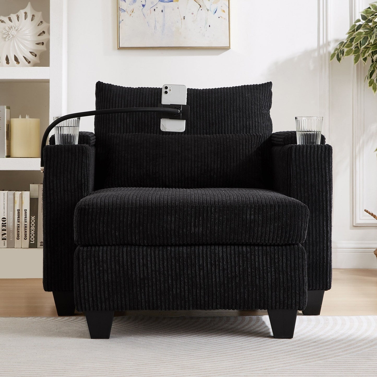 Canapé-lit convertible en velours côtelé avec port USB et deux porte-gobelets