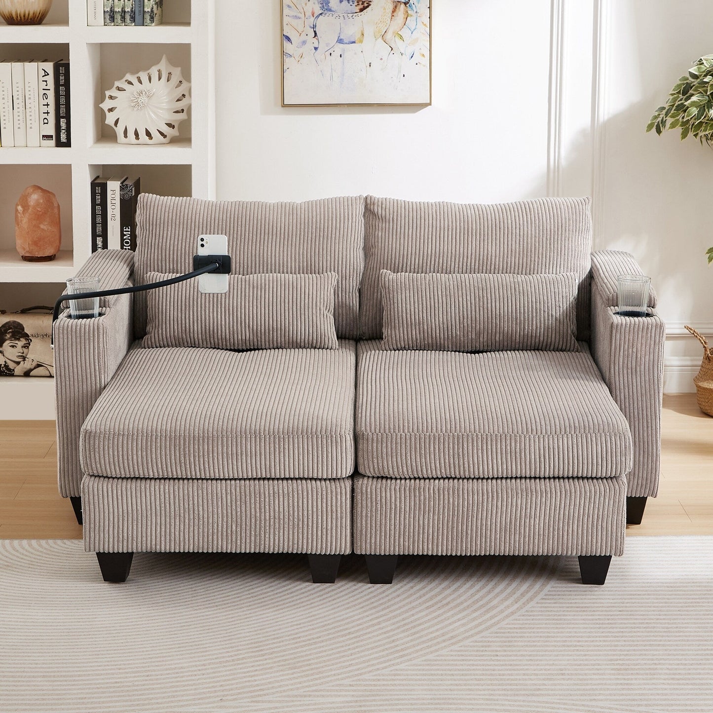 Canapé-lit convertible en velours côtelé avec port USB et deux porte-gobelets