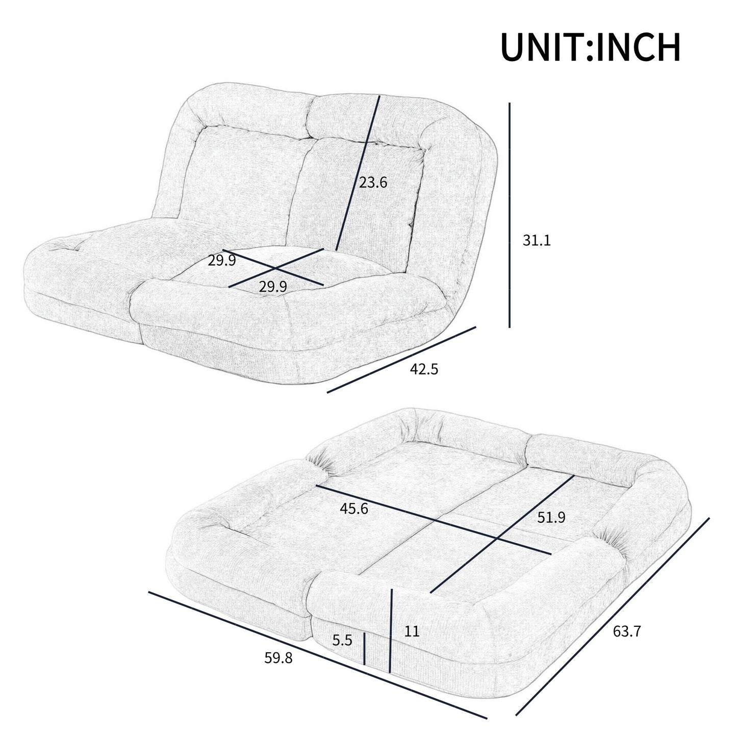 Canapé-lit double convertible avec fonction dépliante pour des options d'assise et de couchage polyvalentes