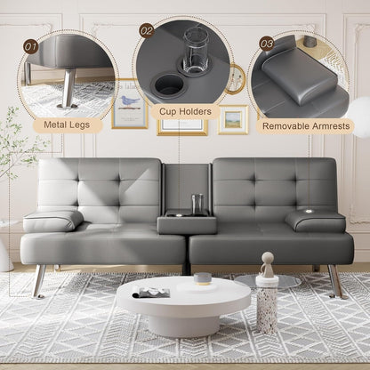 Canapé-lit futon convertible pliable en similicuir avec accoudoirs amovibles, pieds en métal et porte-gobelets, noir