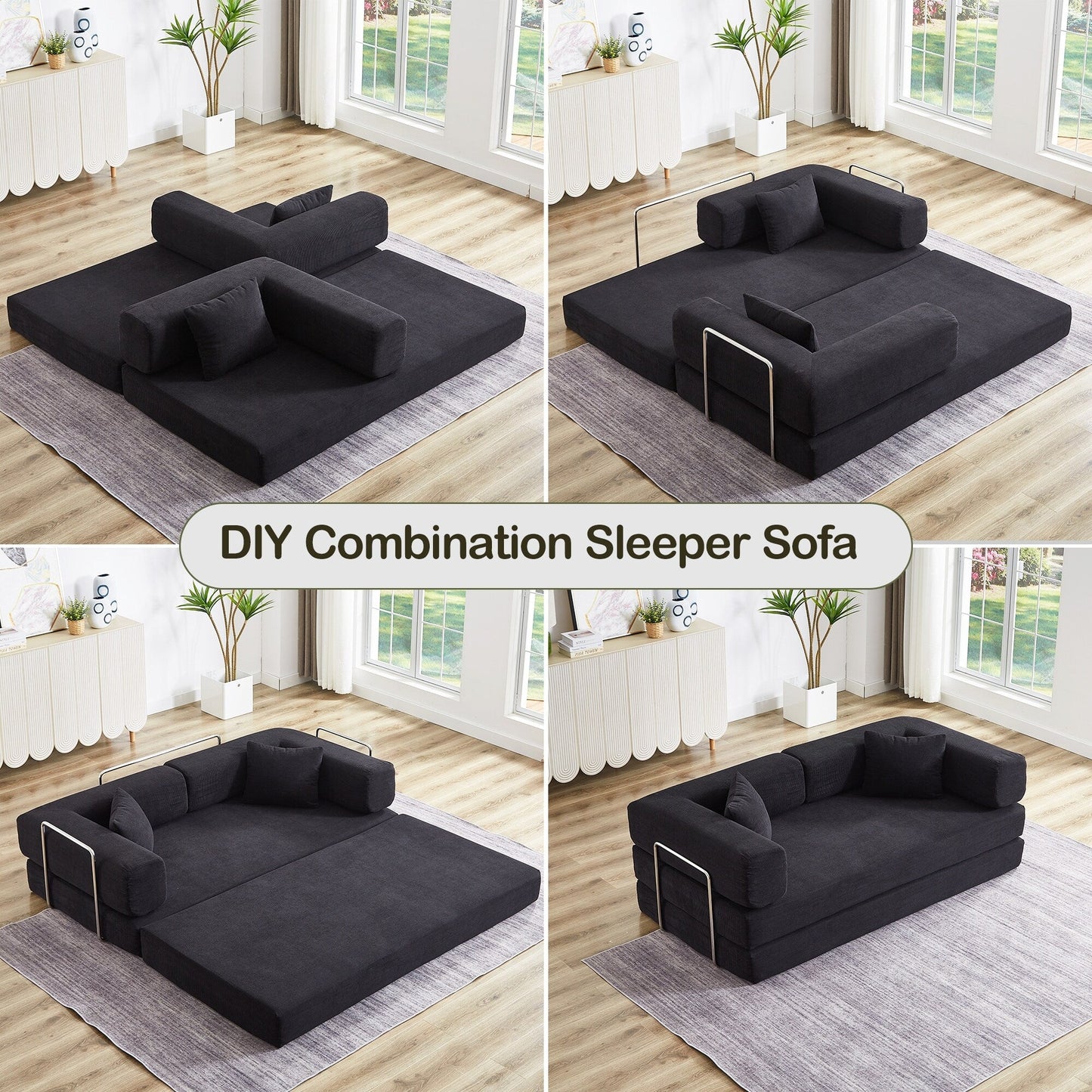 Canapé-lit convertible avec oreiller, matelas pliant 4 en 1 en velours côtelé avec cadre fixe