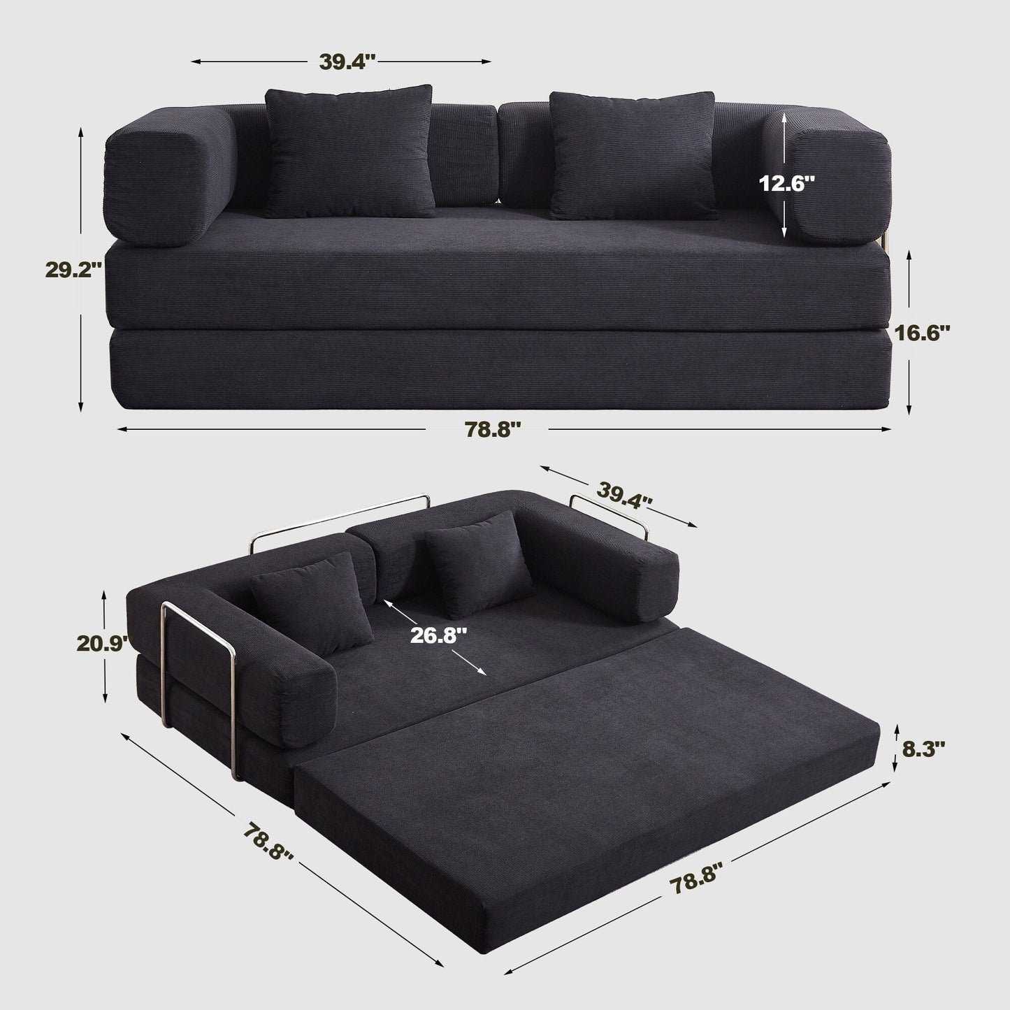 Canapé-lit convertible avec oreiller, matelas pliant 4 en 1 en velours côtelé avec cadre fixe