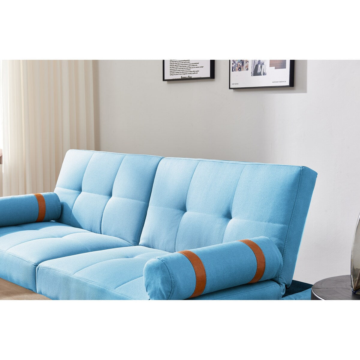 Canapé-lit futon convertible avec pieds en bois massif et tissu lin gris