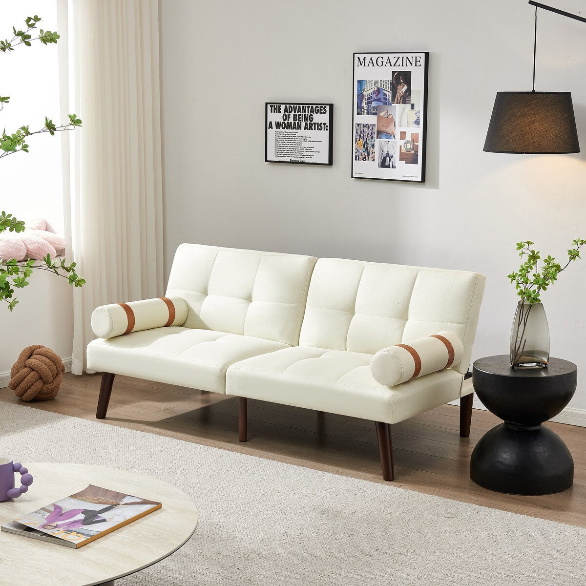 Canapé-lit futon convertible avec pieds en bois massif et tissu lin gris