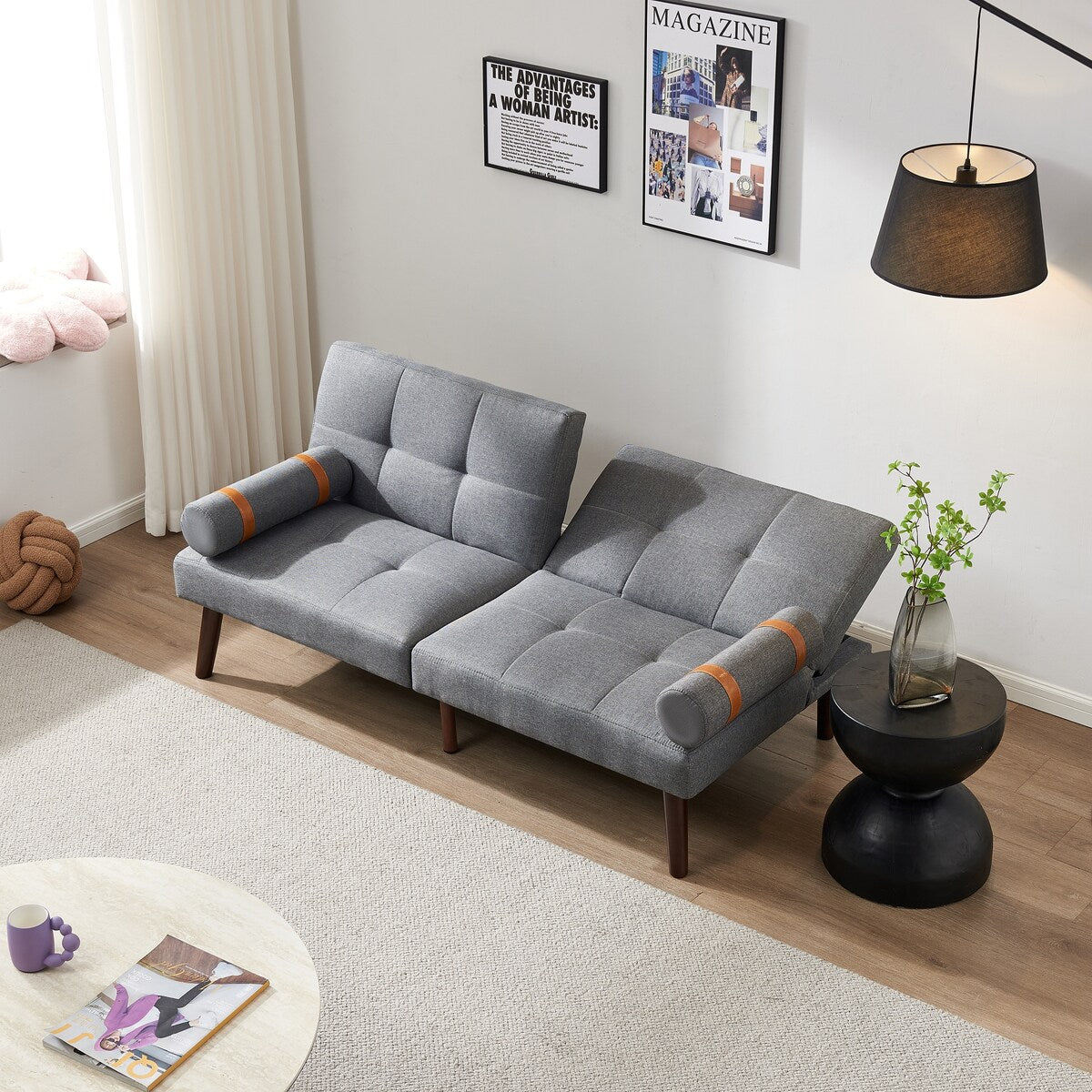 Canapé-lit futon convertible avec pieds en bois massif et tissu lin gris