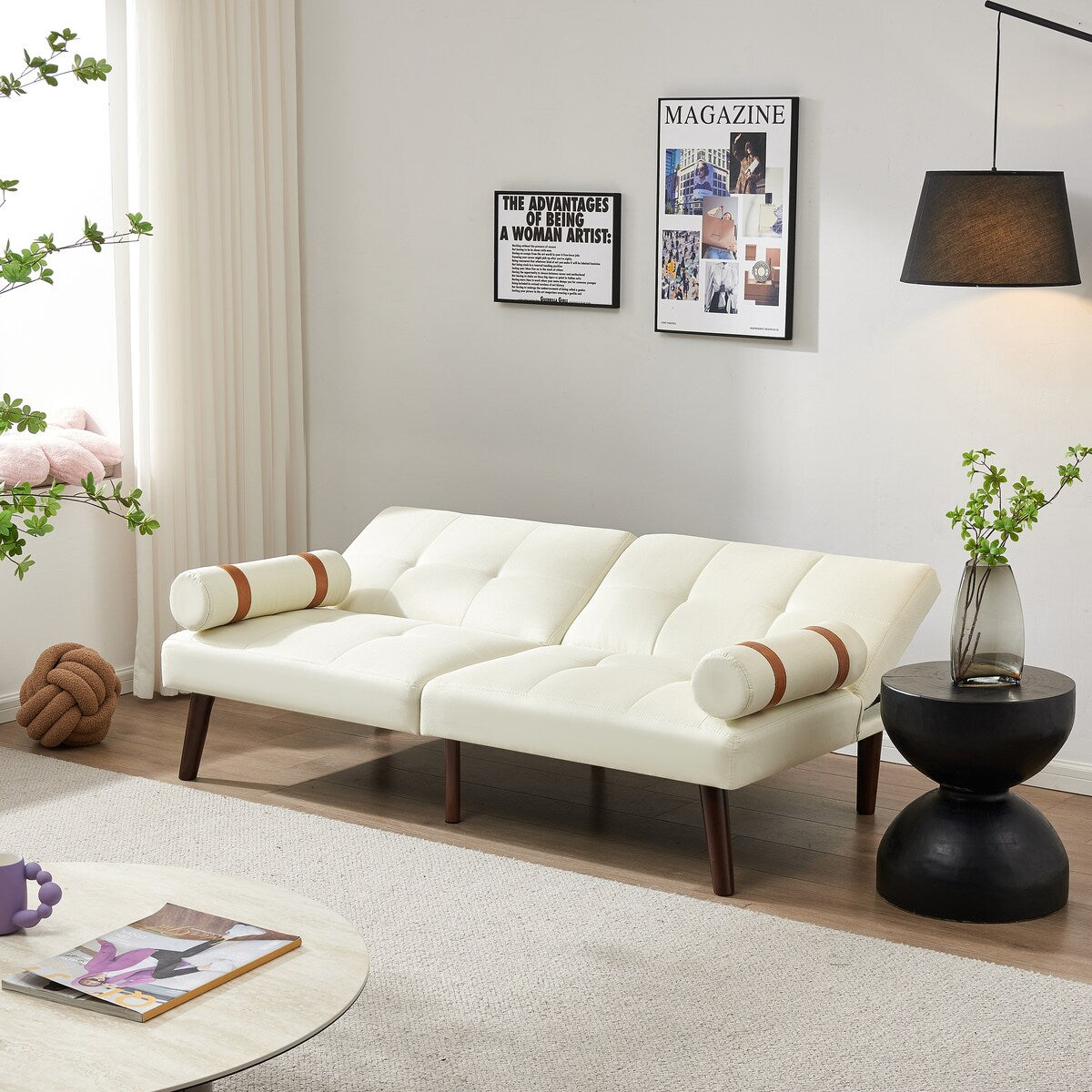 Canapé-lit futon convertible avec pieds en bois massif et tissu lin gris