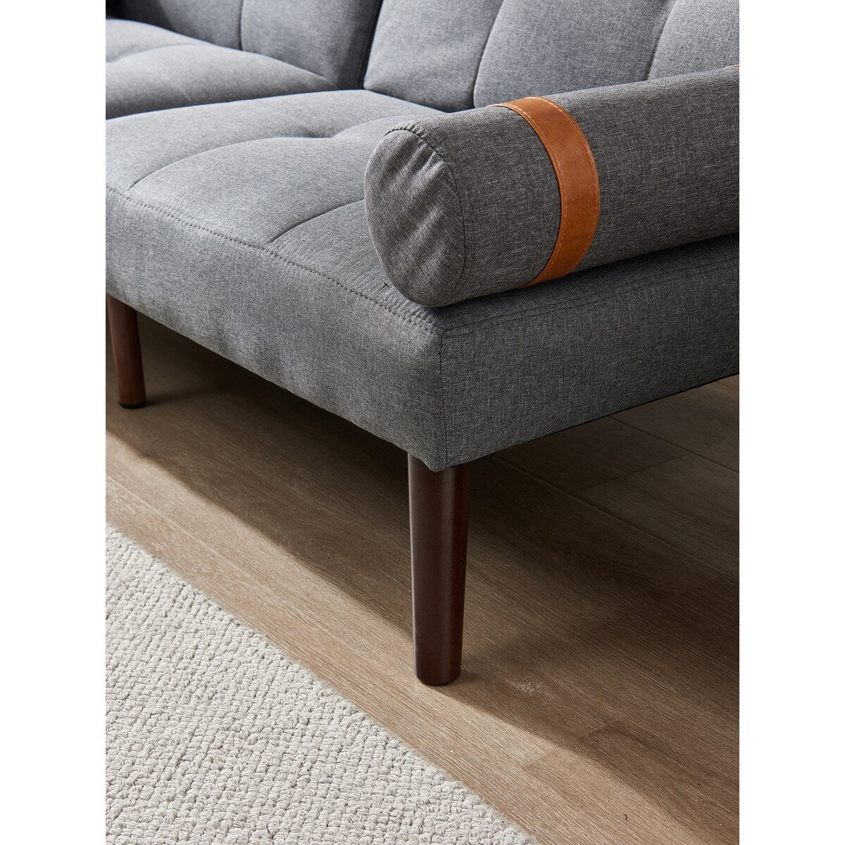 Canapé-lit futon convertible avec pieds en bois massif et tissu lin gris