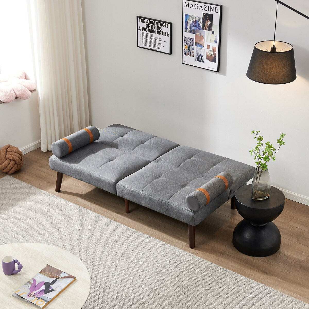 Canapé-lit futon convertible avec pieds en bois massif et tissu lin gris