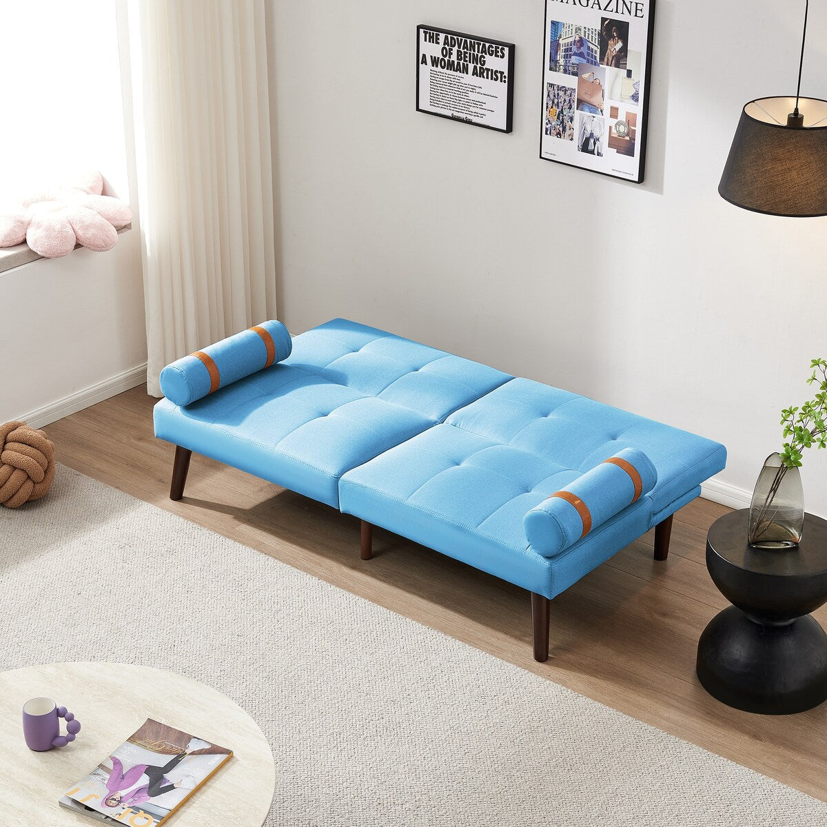 Canapé-lit futon convertible avec pieds en bois massif et tissu lin gris