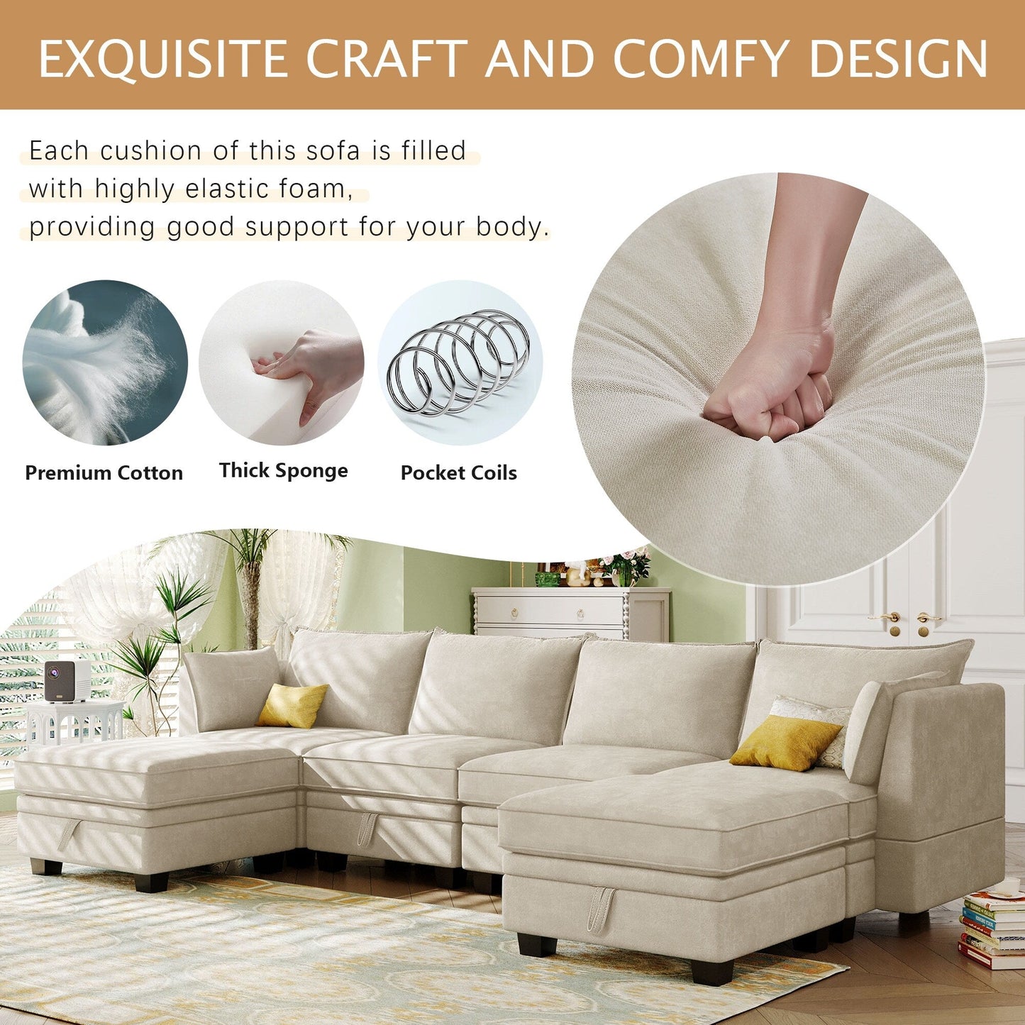 Canapé modulable en U convertible avec pouf de rangement et méridienne réversible pour salon