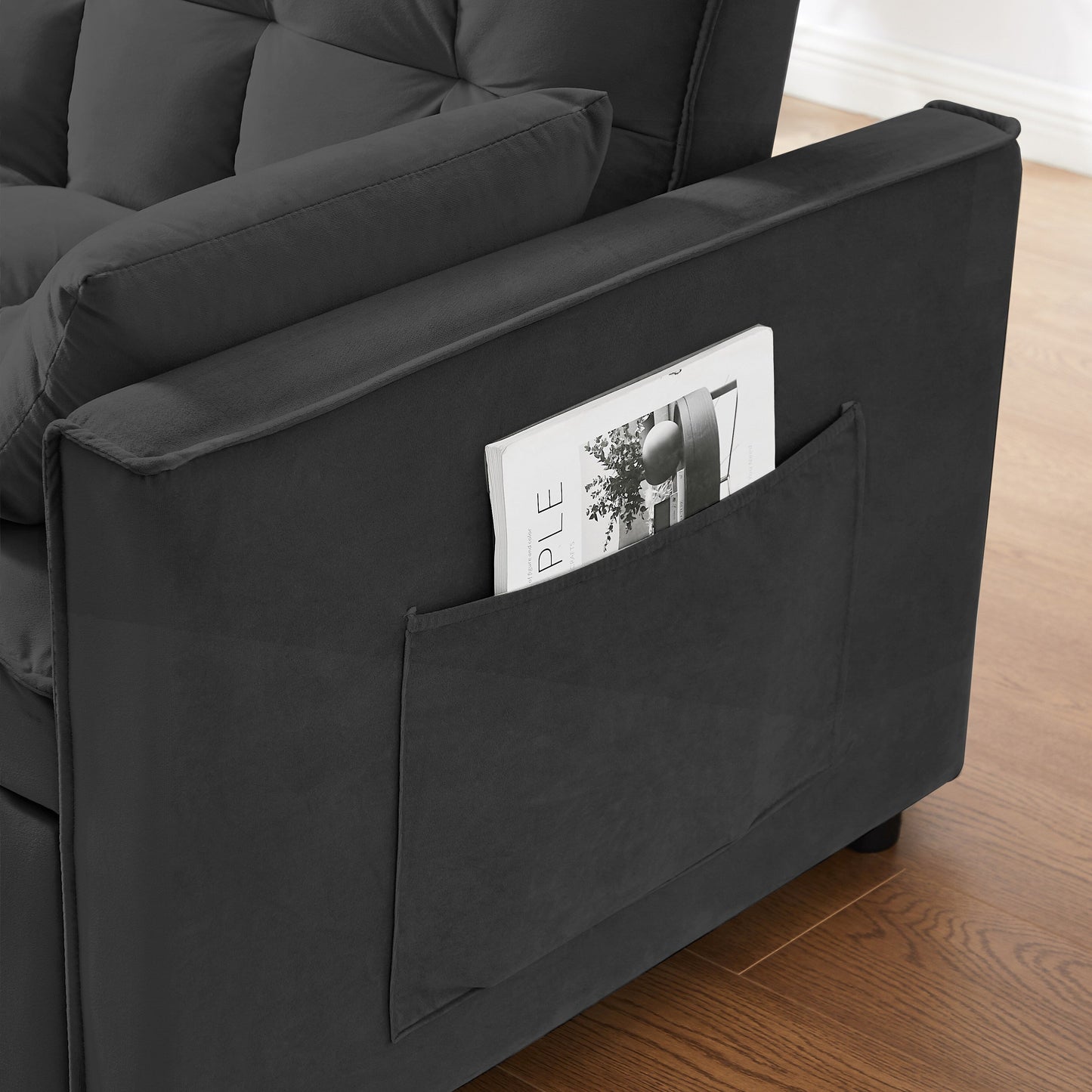 Canapé convertible en velours avec dossier inclinable, lit gigogne et coussins décoratifs, idéal pour les petits espaces