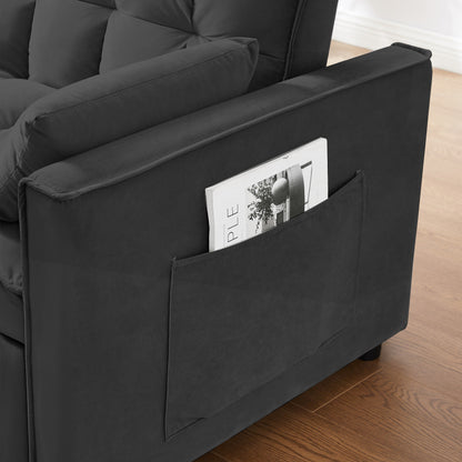Canapé convertible en velours avec dossier inclinable, lit gigogne et coussins décoratifs, idéal pour les petits espaces