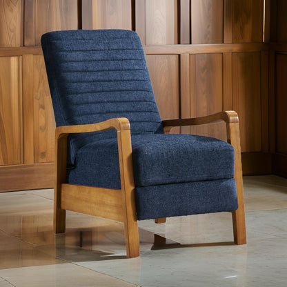 Fauteuil inclinable manuel Copa, bois brun, capitonnage bleu marine
