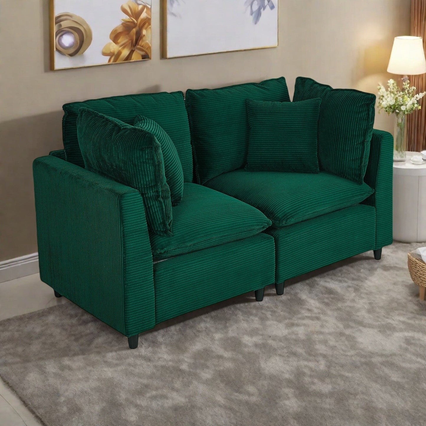 Canapé 2 places en velours côtelé avec 4 petits coussins, tissu respirant et coussins en éponge épais