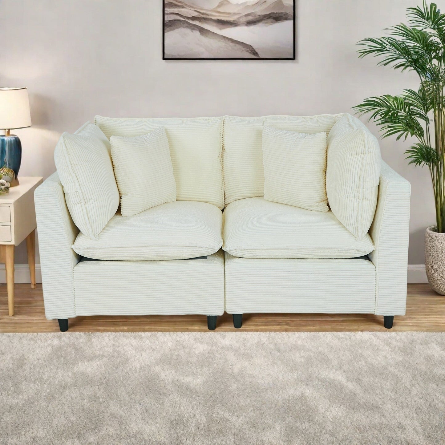 Canapé 2 places en velours côtelé avec 4 petits coussins, tissu respirant et coussins en éponge épais