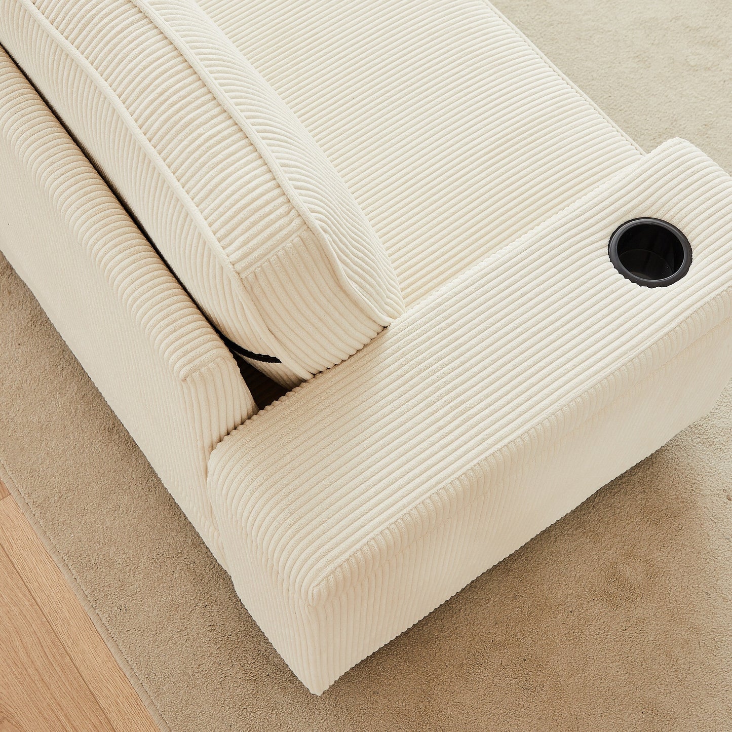 Canapé 3 places en velours côtelé avec ports USB et porte-gobelets