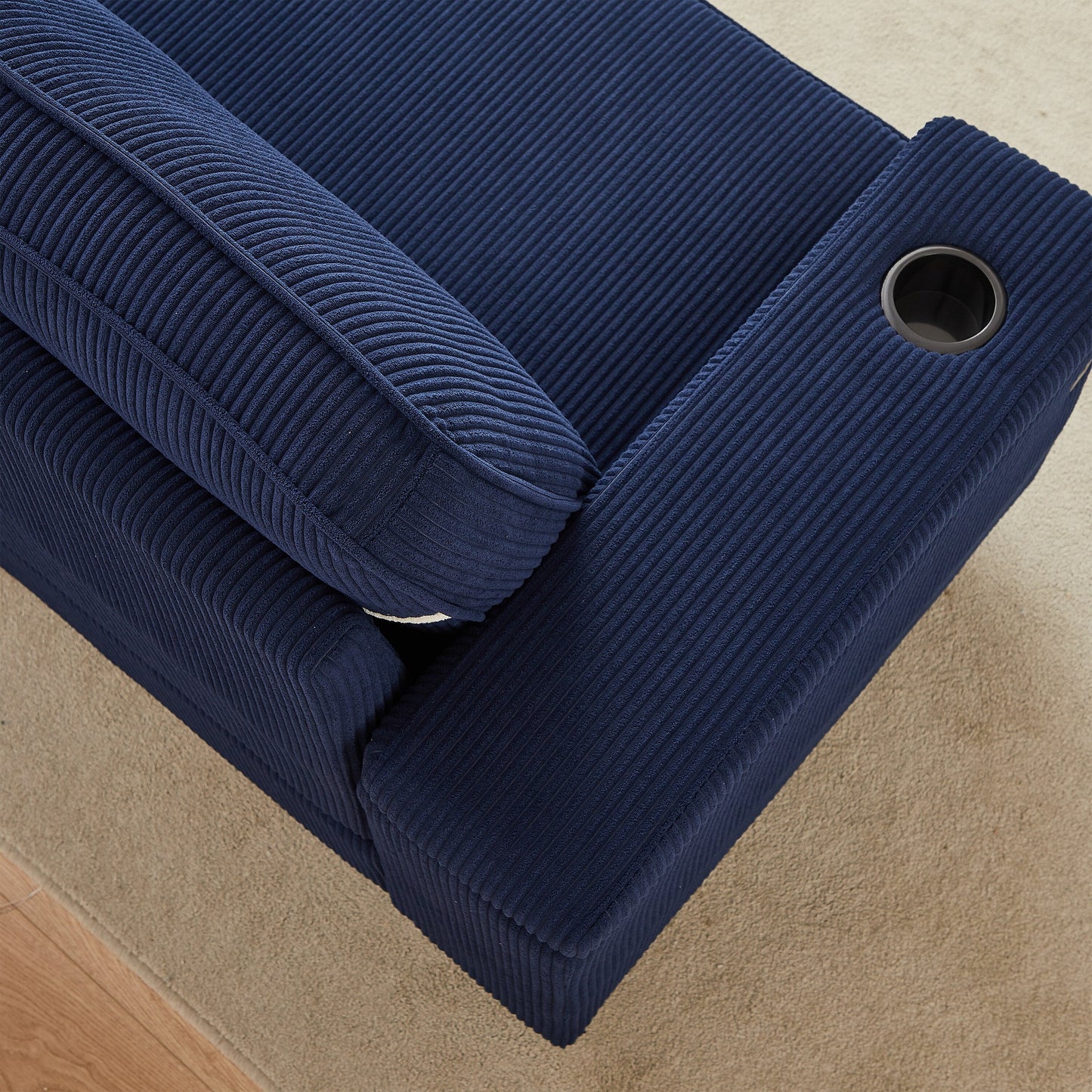 Canapé 3 places en velours côtelé avec ports USB et porte-gobelets