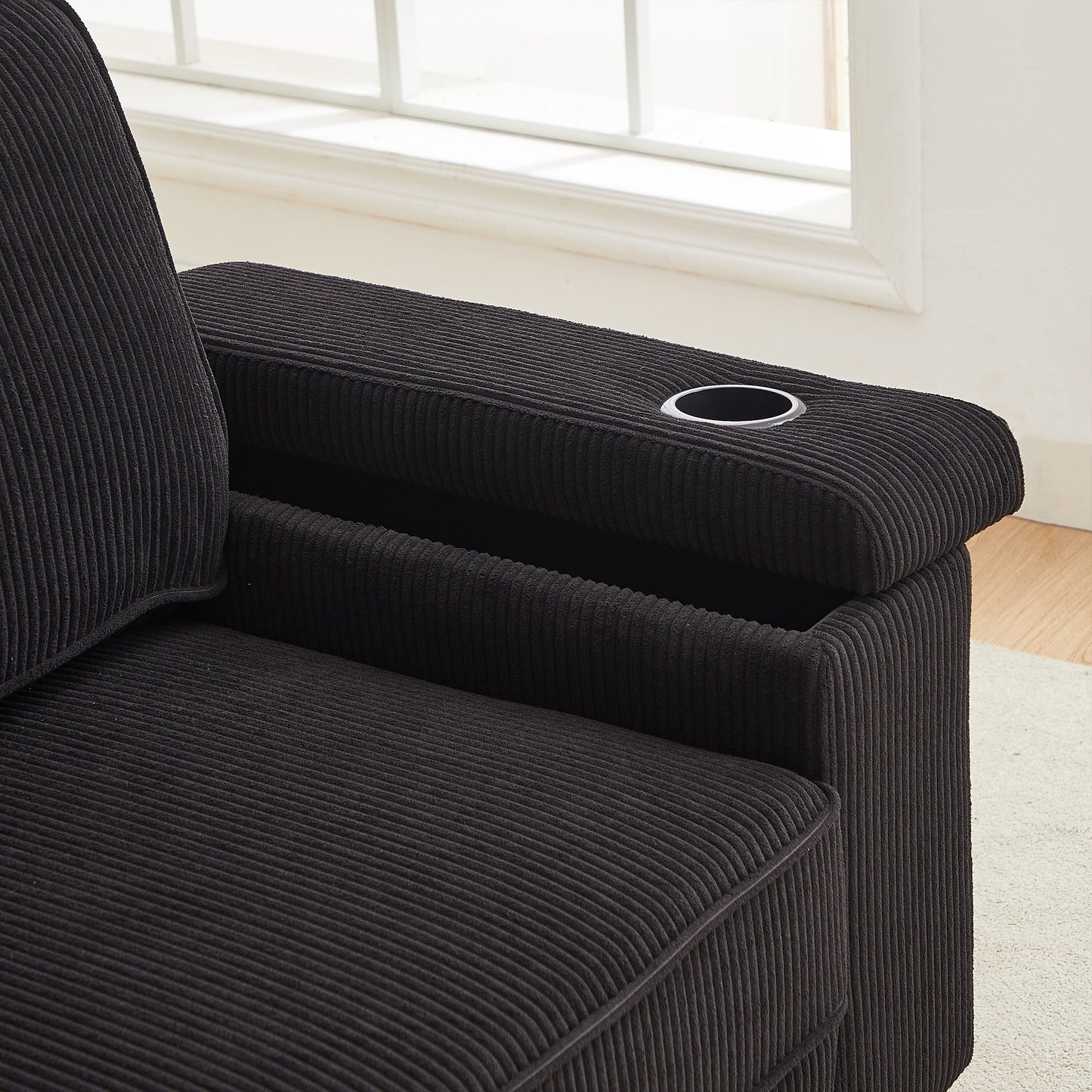 Canapé 3 places en velours côtelé avec ports USB et porte-gobelets