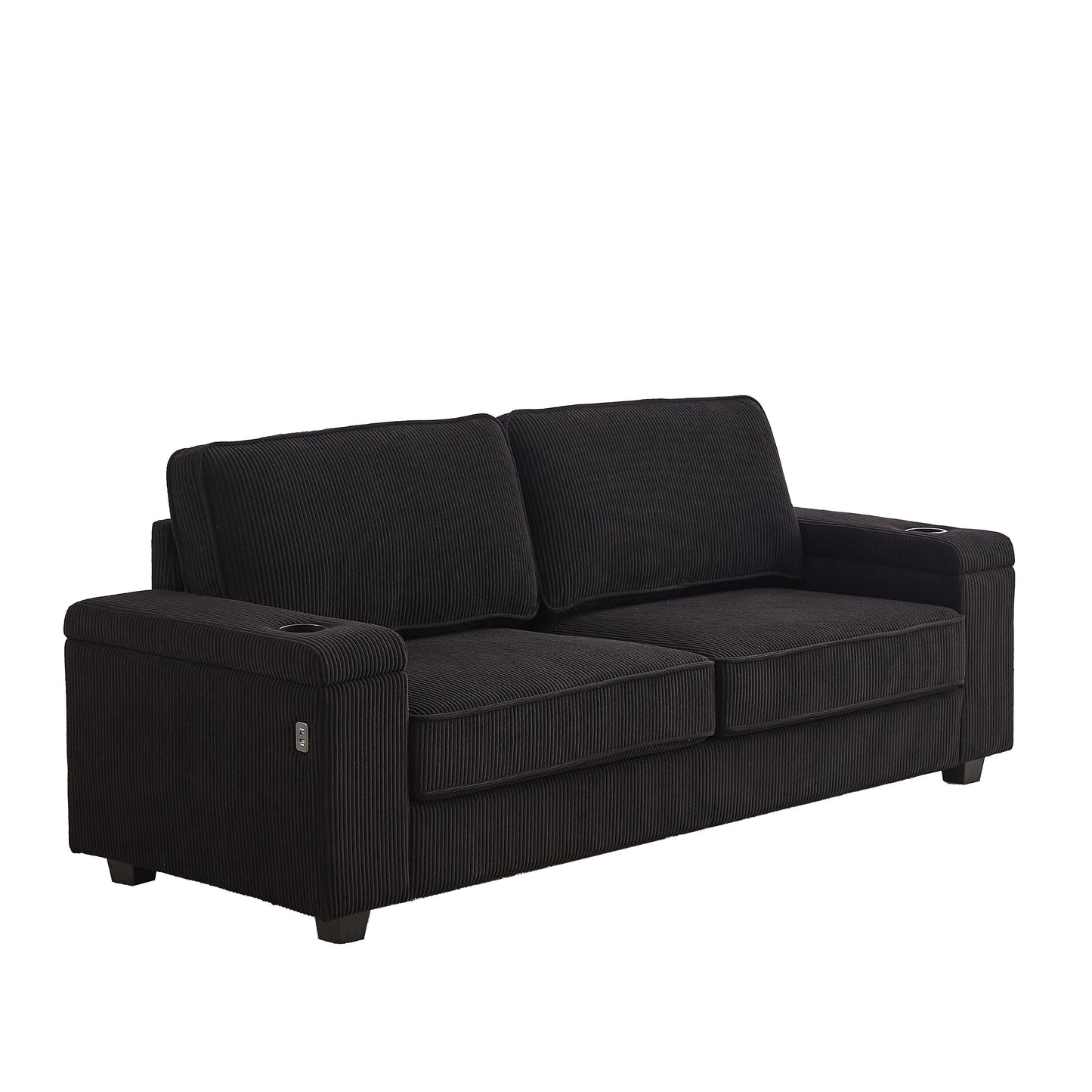 Canapé 3 places en velours côtelé avec ports USB et porte-gobelets