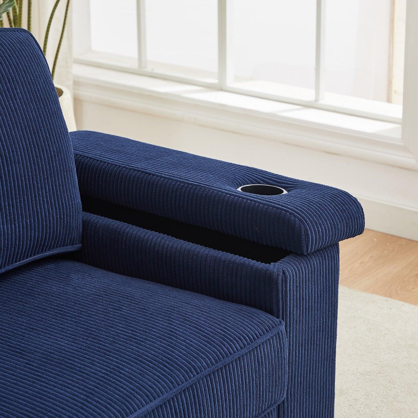 Canapé 3 places en velours côtelé avec ports USB et porte-gobelets