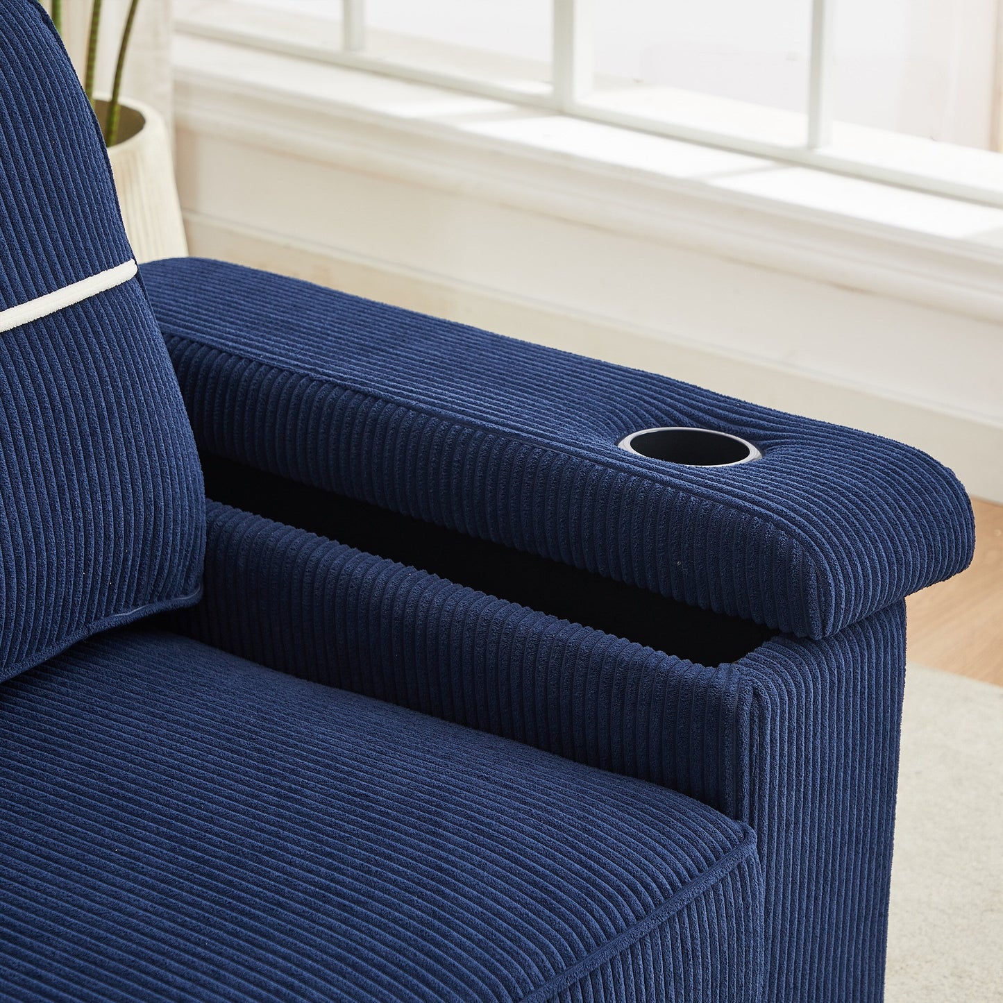 Canapé 3 places en velours côtelé avec ports USB et porte-gobelets