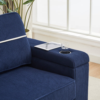 Canapé 3 places en velours côtelé avec ports USB et porte-gobelets