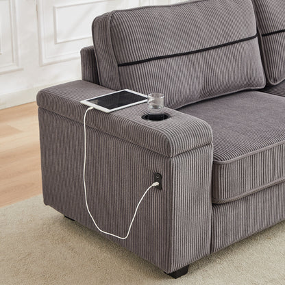 Canapé 3 places en velours côtelé avec ports USB et porte-gobelets