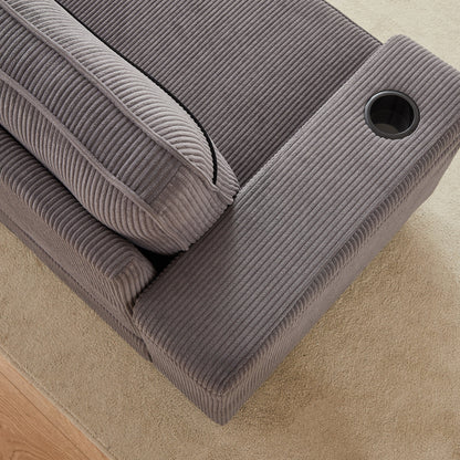 Canapé 3 places en velours côtelé avec ports USB et porte-gobelets