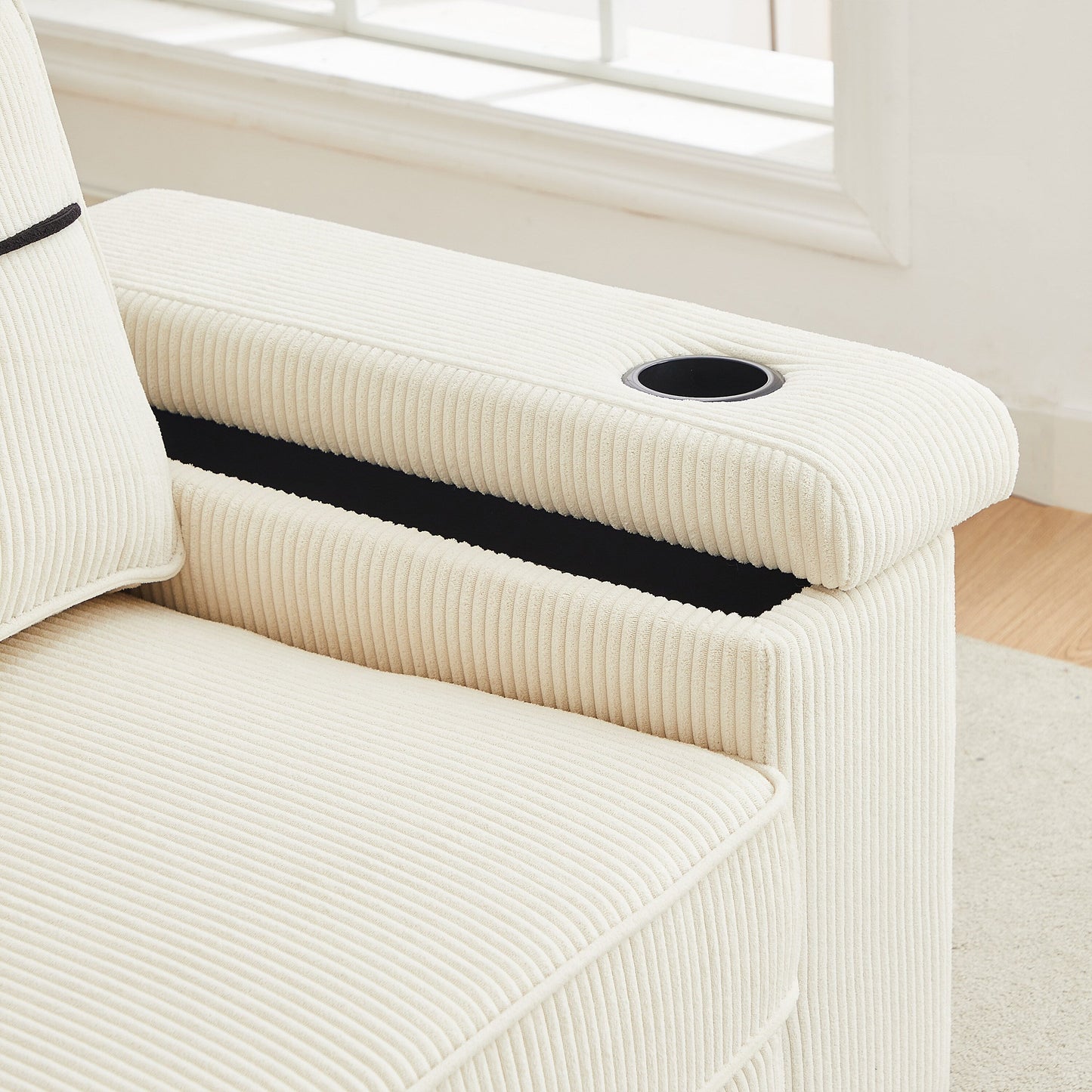 Canapé 3 places en velours côtelé avec ports USB et porte-gobelets