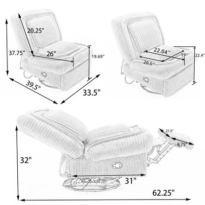 Fauteuil inclinable pivotant à 360° en velours côtelé avec coussins