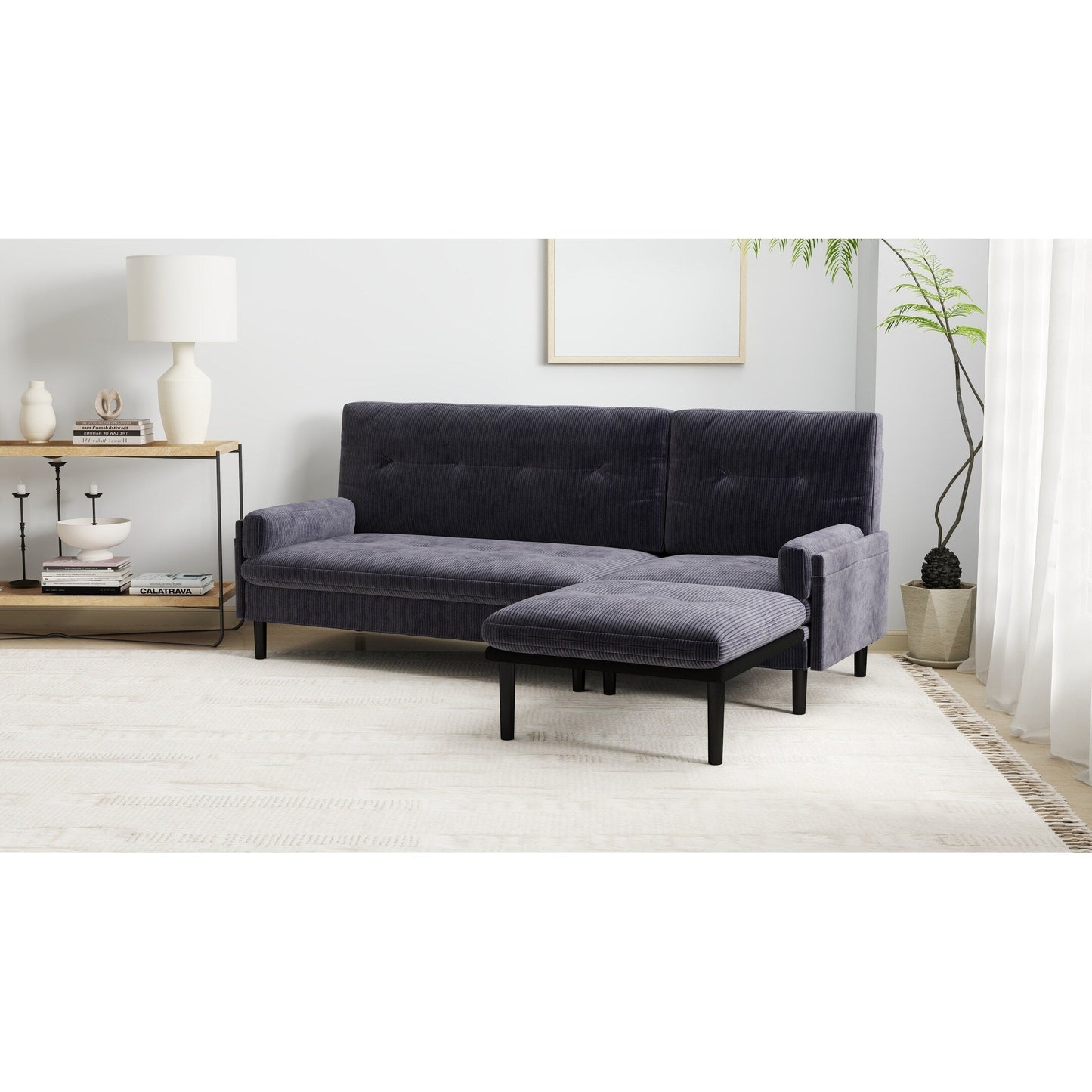 Canapé 3 places réglable en velours côtelé et lit d'appoint