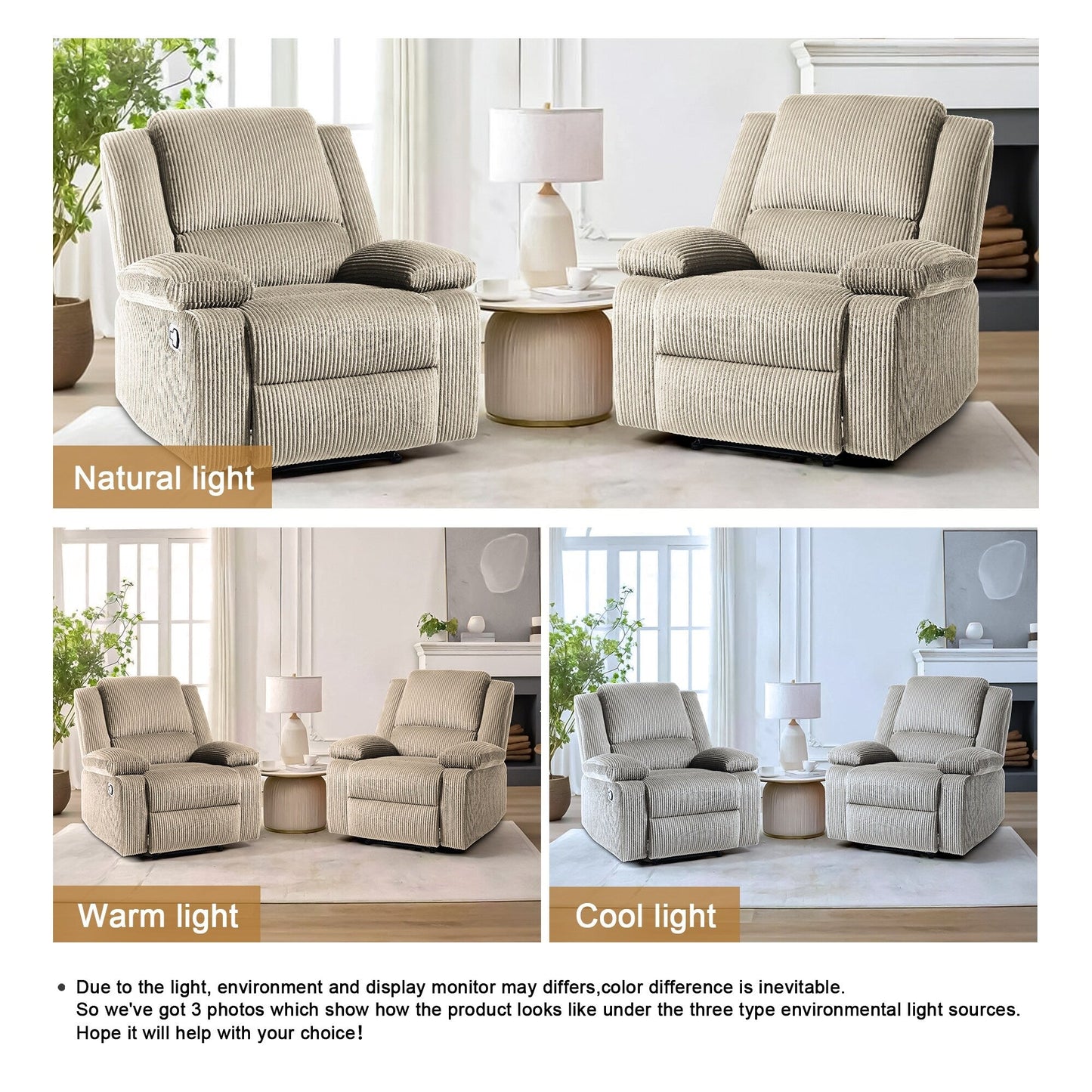 Fauteuil inclinable réglable en velours côtelé pour salon