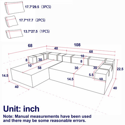 Canapé Cloud 3 places en velours côtelé avec 2 repose-pieds amovibles, ensemble de canapé en U, siège profond rembourré 2 places avec 3 coussins