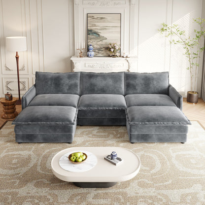 Canapé Cloud 3 places en velours côtelé avec 2 repose-pieds amovibles, ensemble de canapé en U, siège profond rembourré 2 places avec 3 coussins