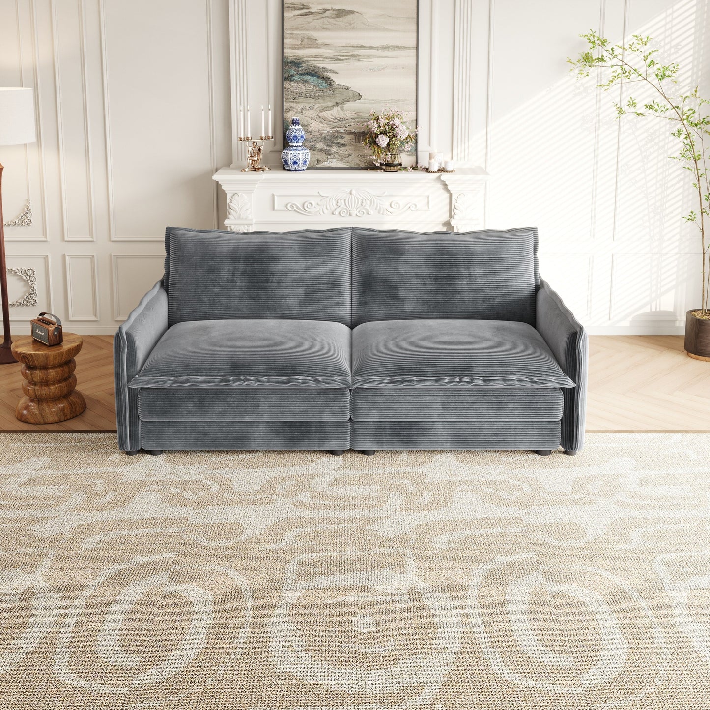 Canapé causeuse en velours côtelé pour salon, canapé 2 places rembourré de grande taille avec assise profonde et 2 oreillers