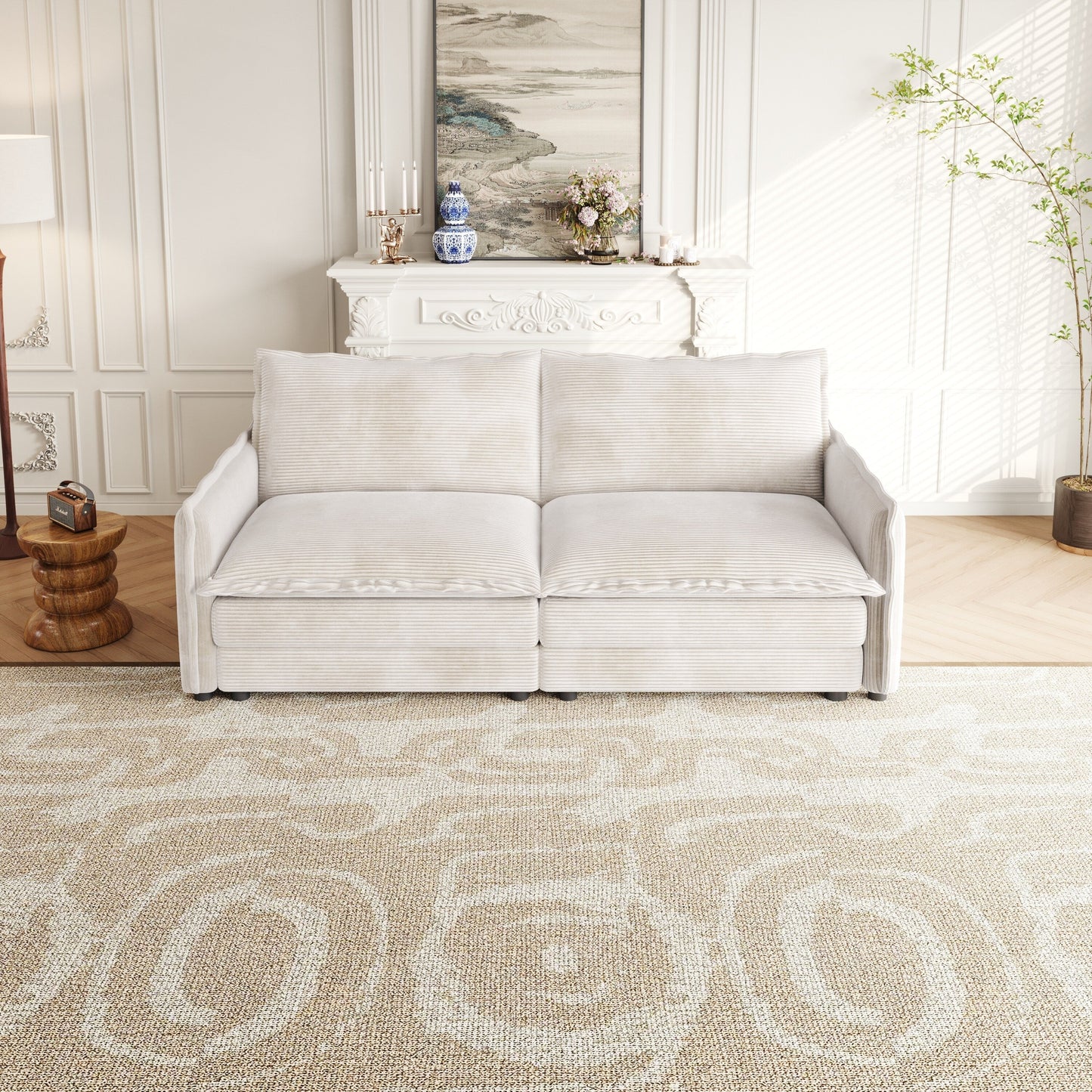 Canapé causeuse en velours côtelé pour salon, canapé 2 places rembourré de grande taille avec assise profonde et 2 oreillers