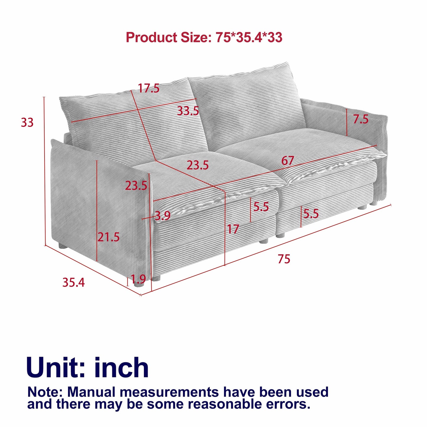 Canapé causeuse en velours côtelé pour salon, canapé 2 places rembourré de grande taille avec assise profonde et 2 oreillers