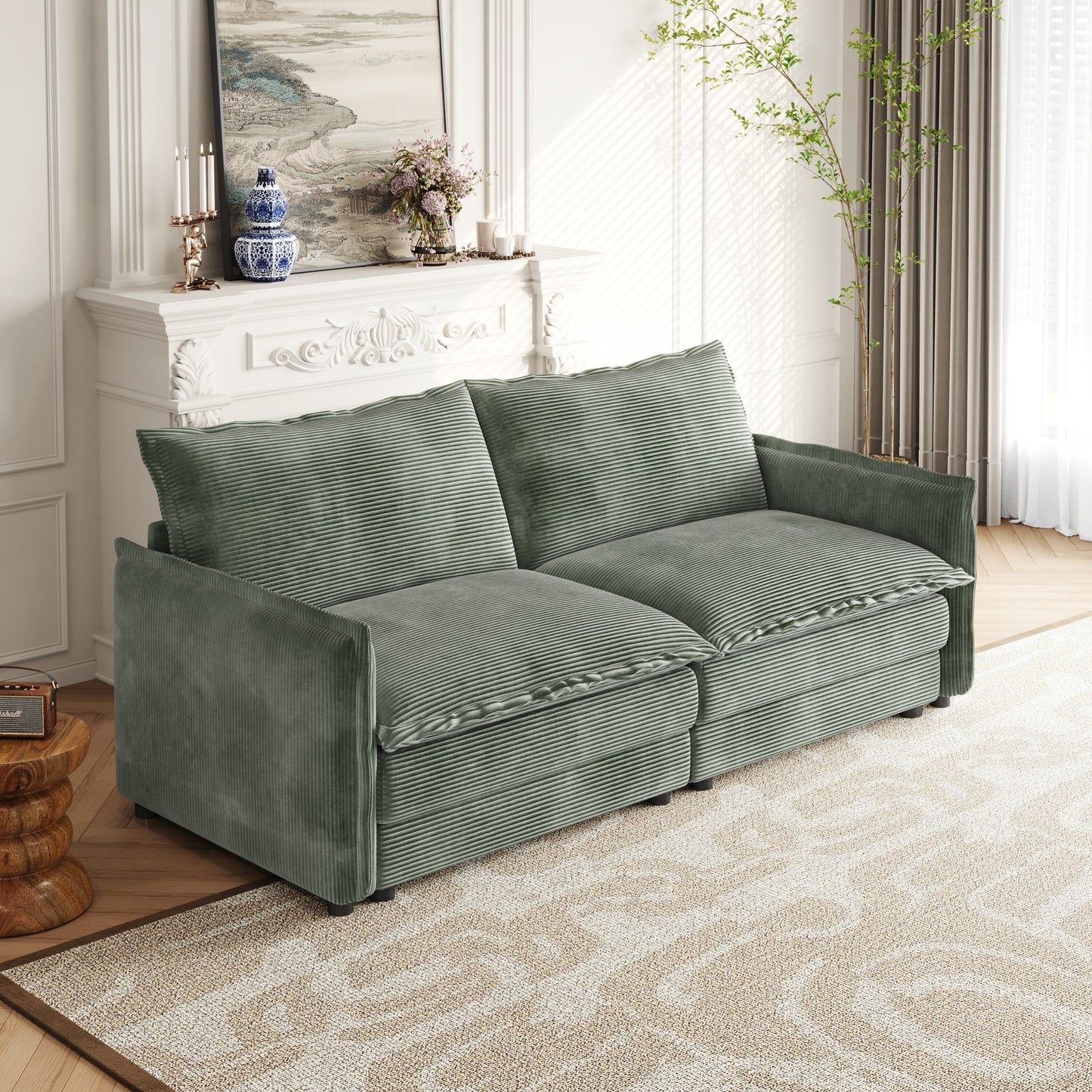 Canapé causeuse en velours côtelé pour salon, canapé 2 places rembourré de grande taille avec assise profonde et 2 oreillers