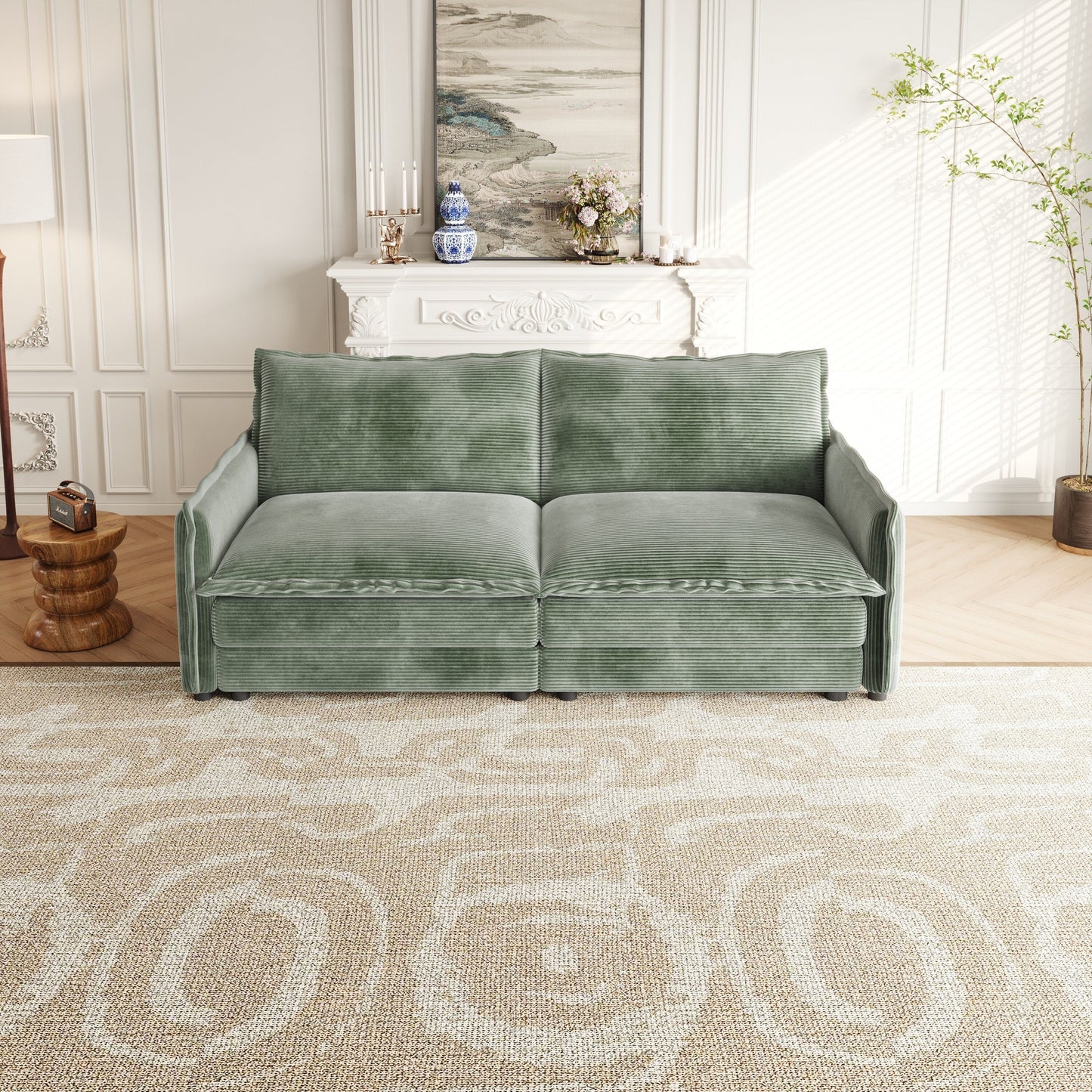 Canapé causeuse en velours côtelé pour salon, canapé 2 places rembourré de grande taille avec assise profonde et 2 oreillers