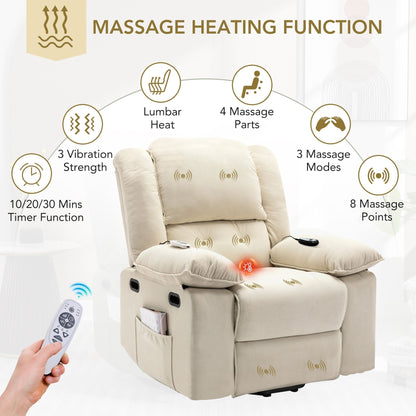 Fauteuil inclinable électrique en velours côtelé pour personnes âgées avec massage et chauffage réglables, angles d'inclinaison infinis et accoudoirs gain de place