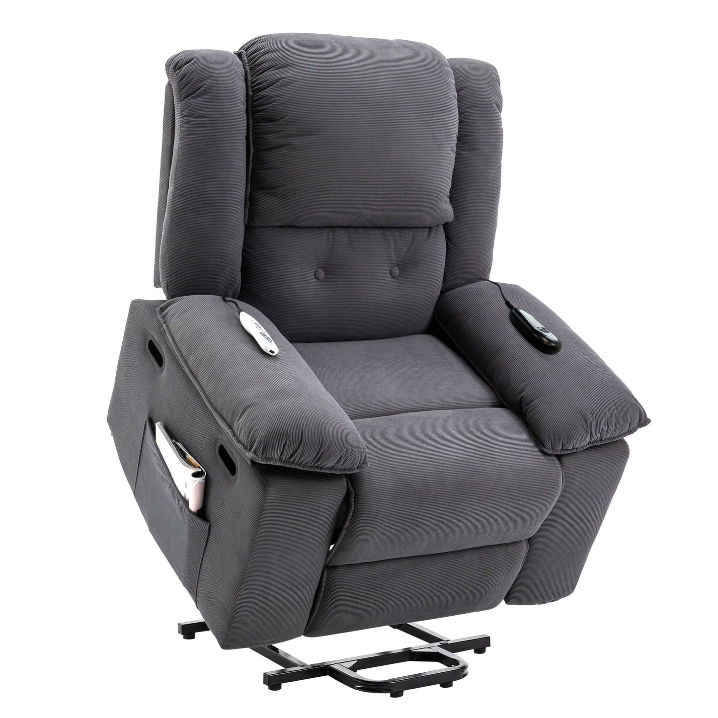 Fauteuil inclinable électrique en velours côtelé avec massage et accoudoirs extensibles
