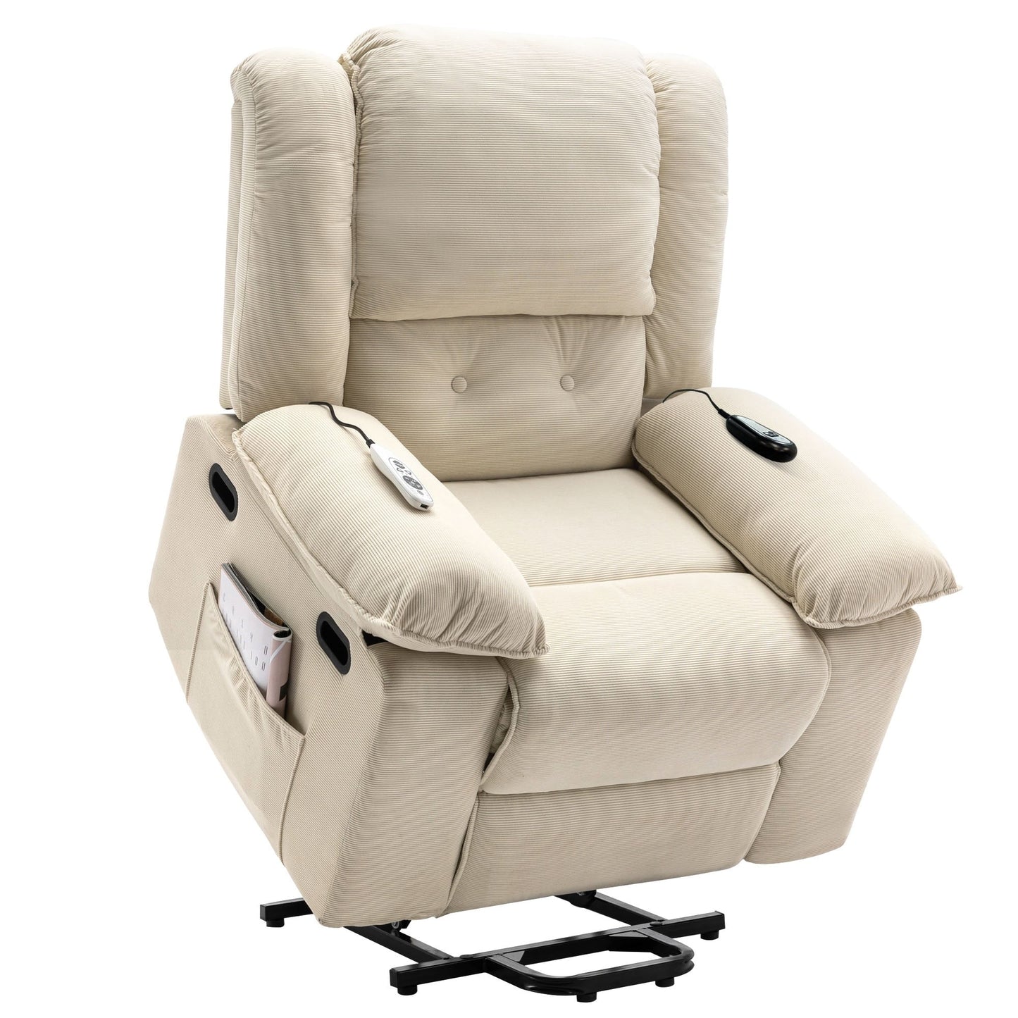 Fauteuil inclinable électrique en velours côtelé avec massage et accoudoirs extensibles