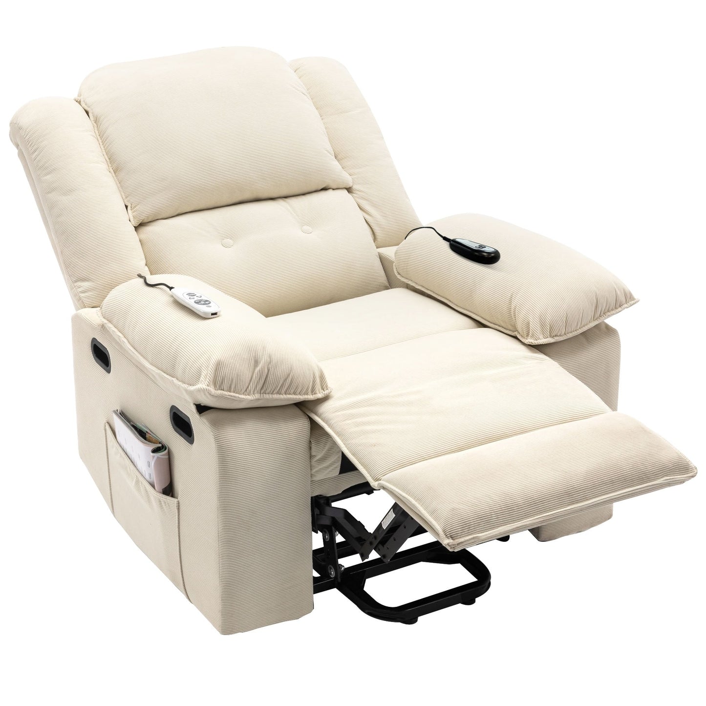 Fauteuil inclinable électrique en velours côtelé avec massage et accoudoirs extensibles