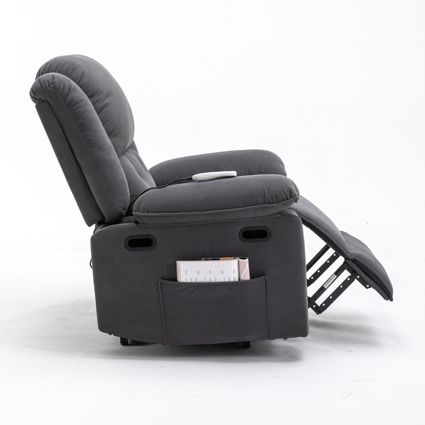 Fauteuil inclinable électrique en velours côtelé avec massage et accoudoirs extensibles