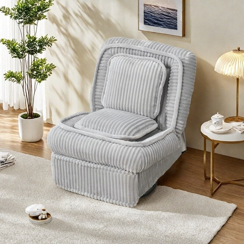 Fauteuil inclinable en velours côtelé avec base pivotante à 360°, dossier réglable, repose-pieds et oreiller pour salon